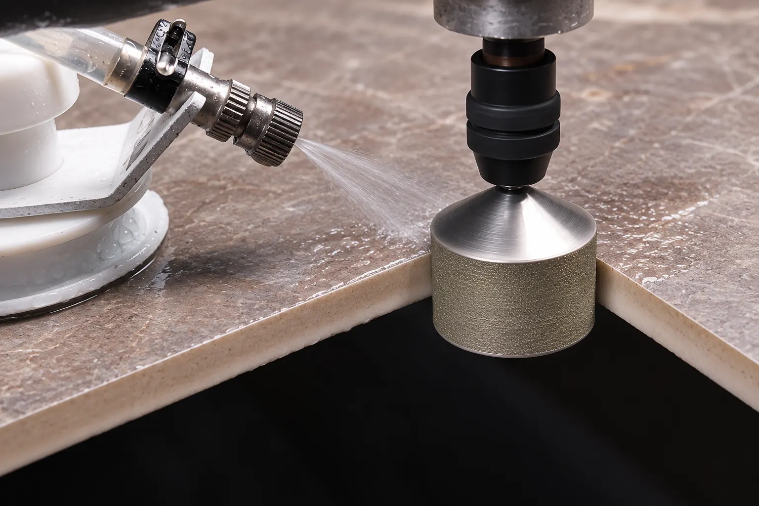 Велика фреза RadiusMILL R12 доводить широкий внутрішній радіус, спрей спрямований до контакту з керамогранітом